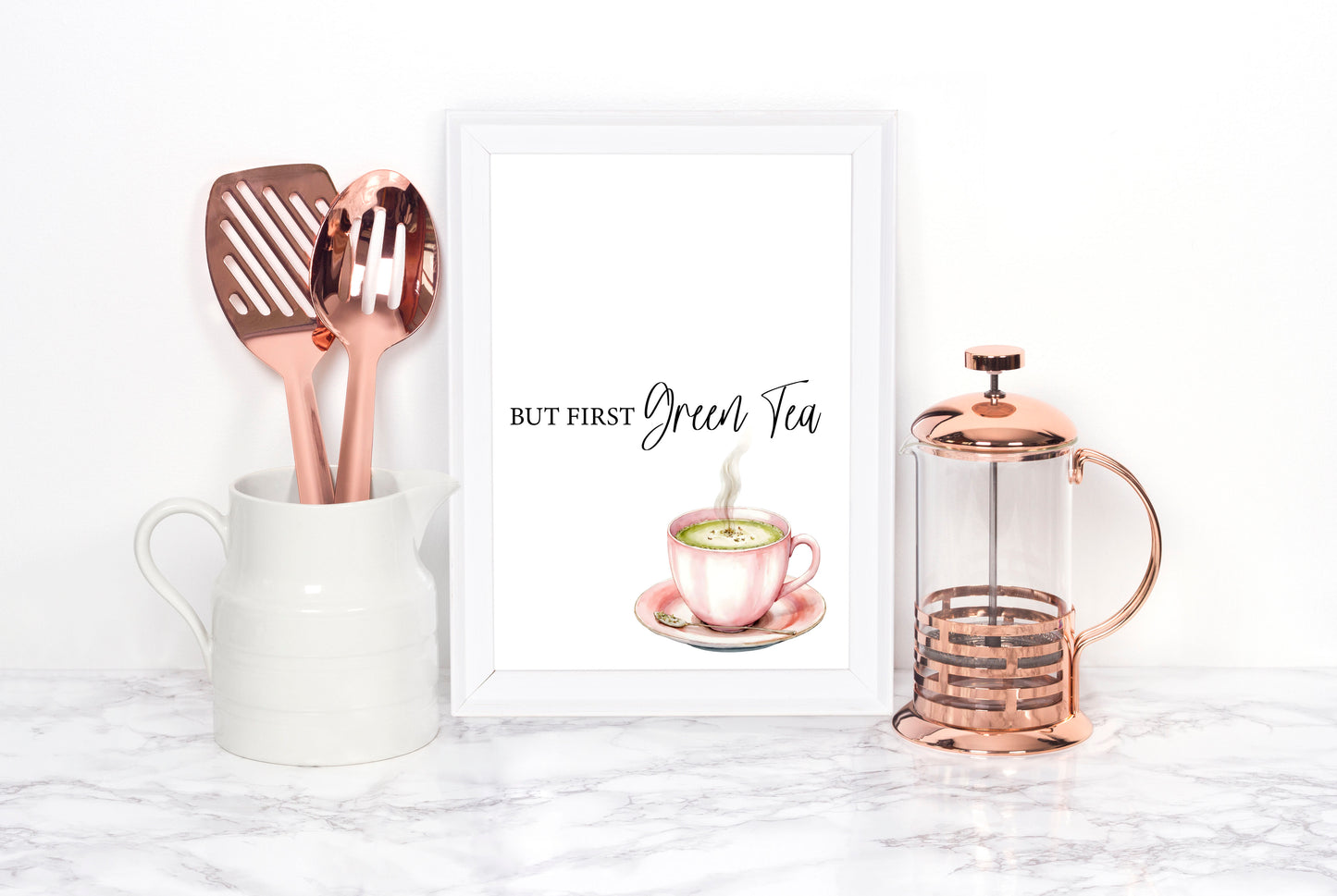 But first Green Tea print cute pink tea cup watercolour kitchen office home unframed wall art poster print