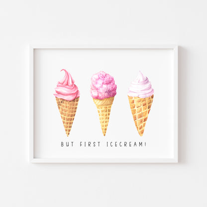 But first Icecream pink watercolour icecream illustration summer home wall art unframed poster print