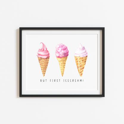 But first Icecream pink watercolour icecream illustration summer home wall art unframed poster print