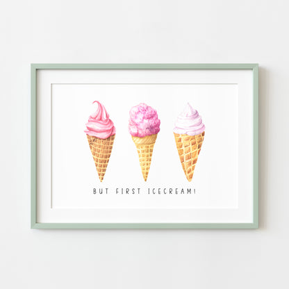 But first Icecream pink watercolour icecream illustration summer home wall art unframed poster print