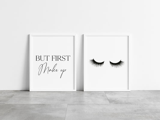 Set of 2 bedroom bathroom prints, But first make up, black eyelashes unframed wall art poster prints