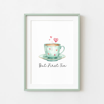 But First Tea Print green cup & hearts watercolour Kitchen Wall Art (Unframed)