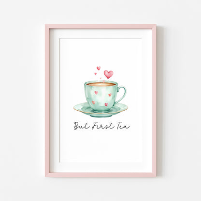 But First Tea Print green cup & hearts watercolour Kitchen Wall Art (Unframed)