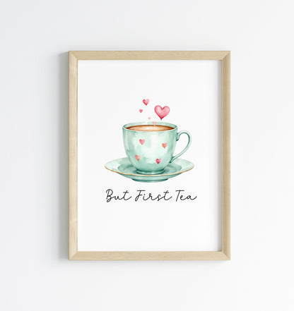 But First Tea Print green cup & hearts watercolour Kitchen Wall Art (Unframed)