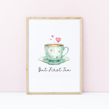 But First Tea Print green cup & hearts watercolour Kitchen Wall Art (Unframed)