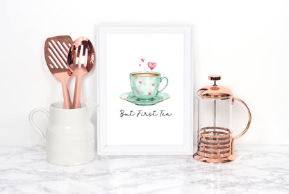 But First Tea Print green cup & hearts watercolour Kitchen Wall Art (Unframed)