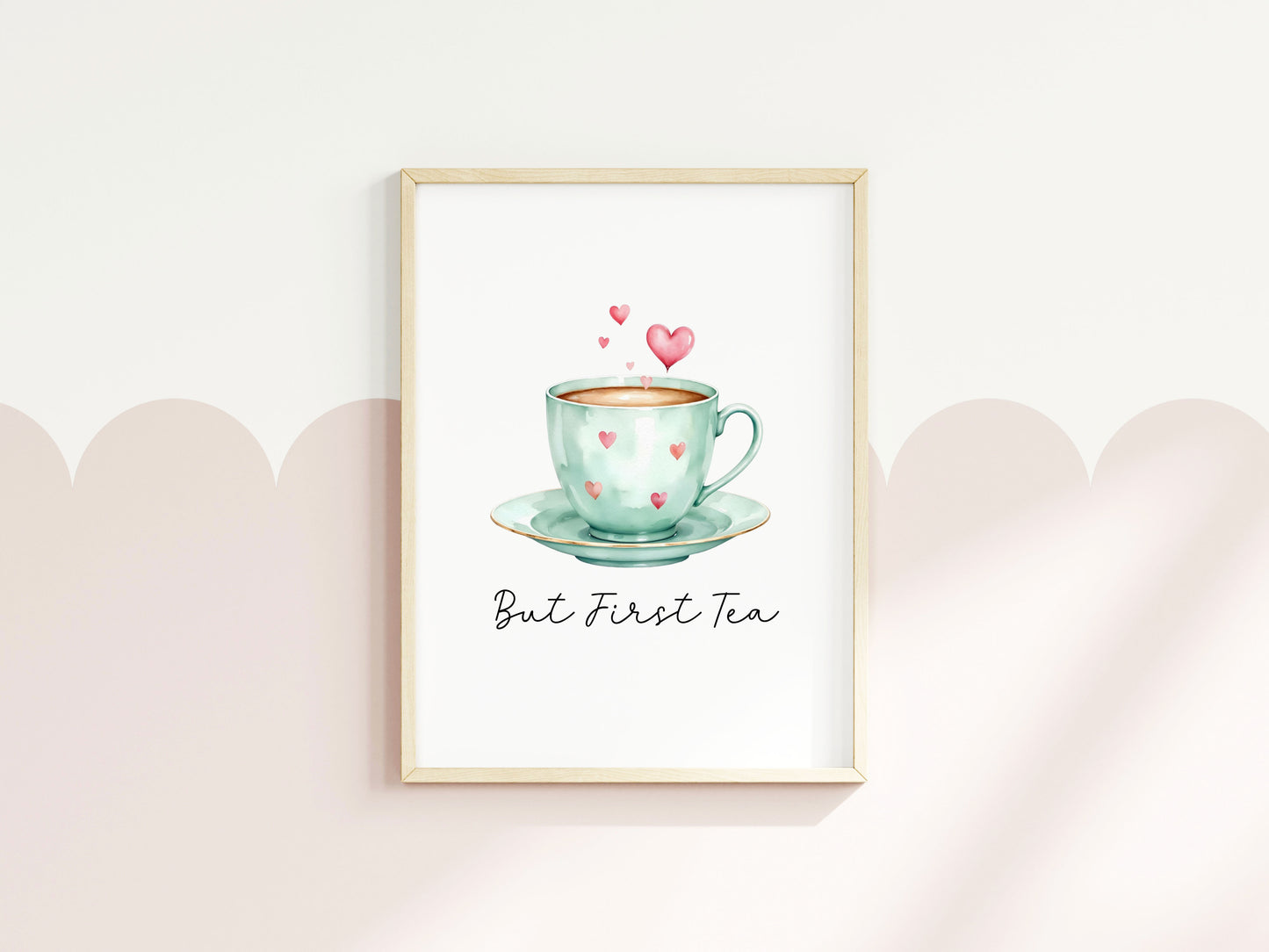 But First Tea Print green cup & hearts watercolour Kitchen Wall Art (Unframed)