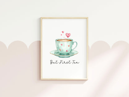 But First Tea Print green cup & hearts watercolour Kitchen Wall Art (Unframed)