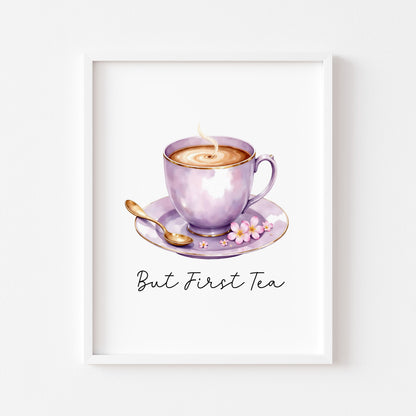 But First Tea Print purple cup pink flowers Watercolour Kitchen Wall Art (Unframed)