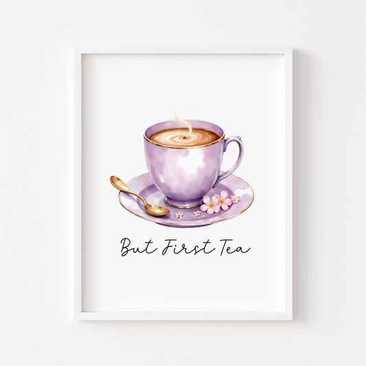 But First Tea Print purple cup pink flowers Watercolour Kitchen Wall Art (Unframed)