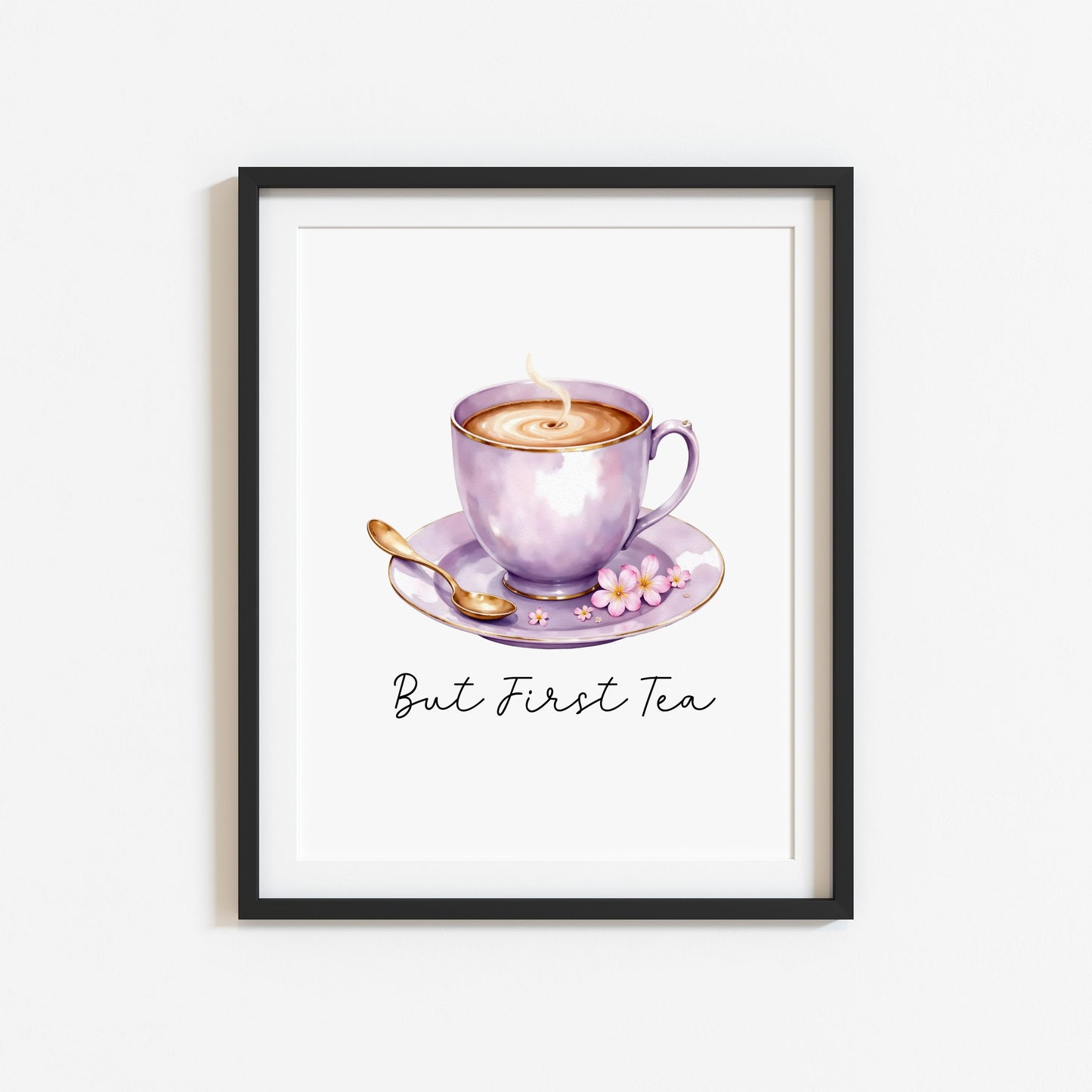 But First Tea Print purple cup pink flowers Watercolour Kitchen Wall Art (Unframed)