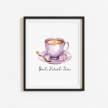 But First Tea Print purple cup pink flowers Watercolour Kitchen Wall Art (Unframed)