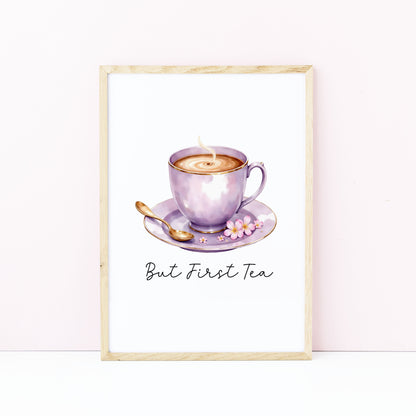 But First Tea Print purple cup pink flowers Watercolour Kitchen Wall Art (Unframed)