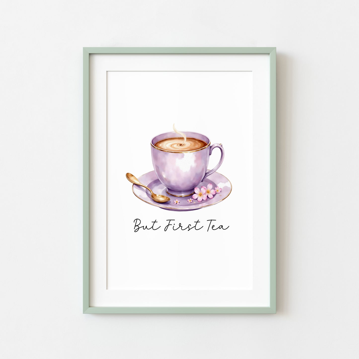But First Tea Print purple cup pink flowers Watercolour Kitchen Wall Art (Unframed)