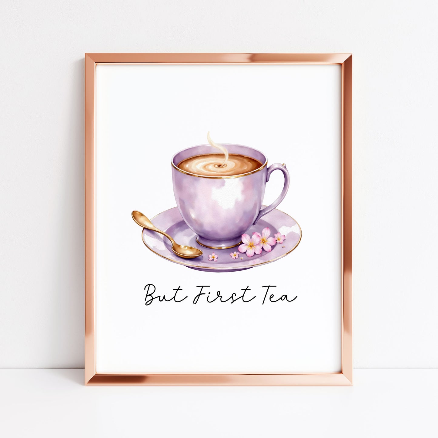 But First Tea Print purple cup pink flowers Watercolour Kitchen Wall Art (Unframed)