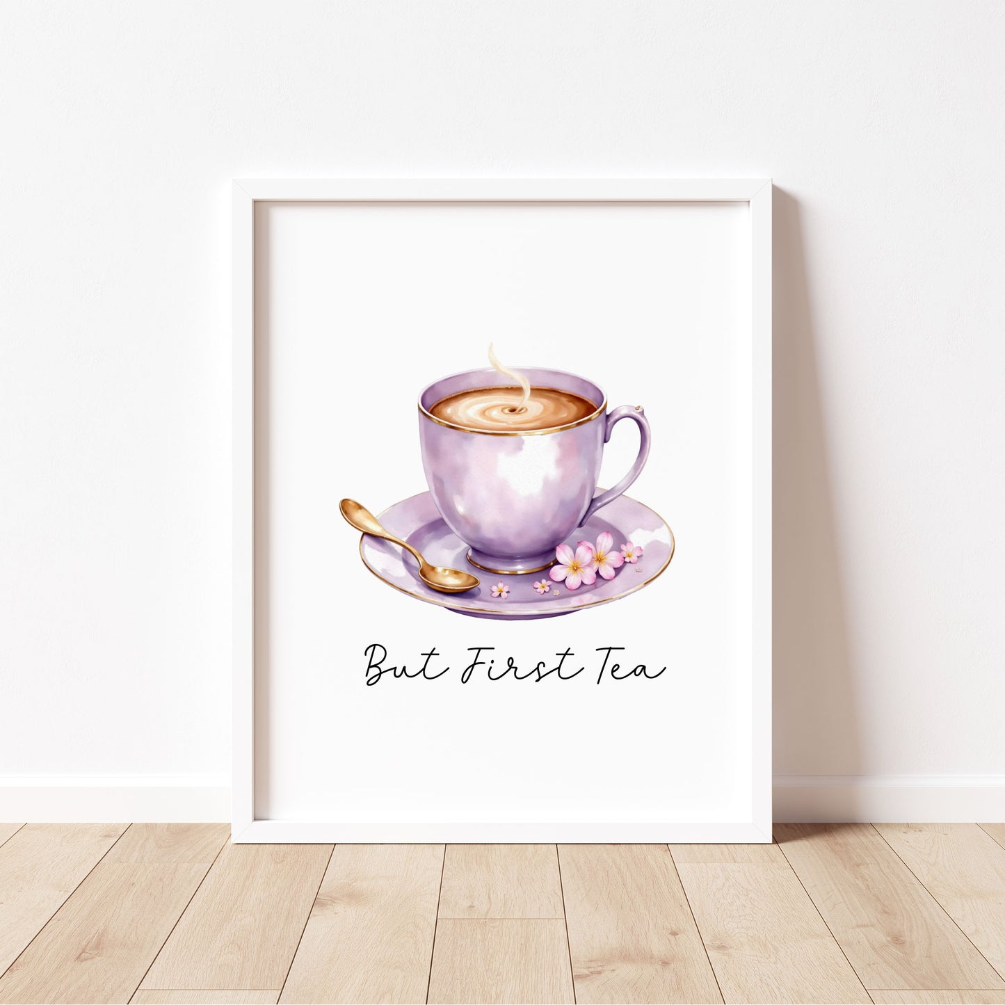 But First Tea Print purple cup pink flowers Watercolour Kitchen Wall Art (Unframed)