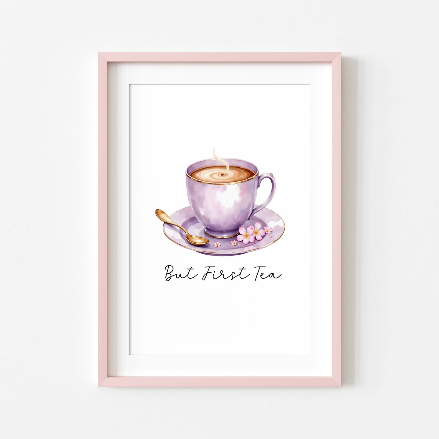 But First Tea Print purple cup pink flowers Watercolour Kitchen Wall Art (Unframed)