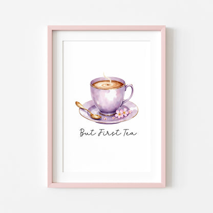 But First Tea Print purple cup pink flowers Watercolour Kitchen Wall Art (Unframed)