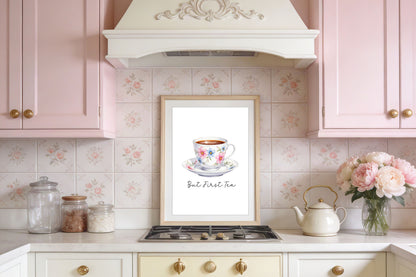But First Tea Print white floral cup Watercolour Kitchen Wall Art (Unframed)