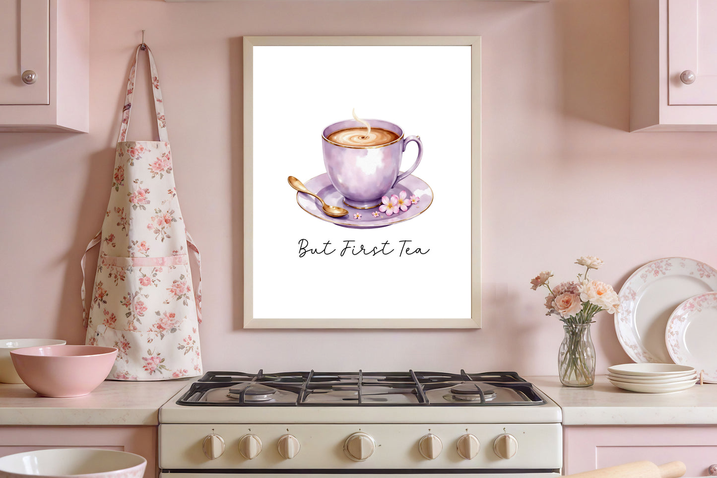 But First Tea Print purple cup pink flowers Watercolour Kitchen Wall Art (Unframed)