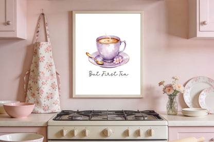But First Tea Print purple cup pink flowers Watercolour Kitchen Wall Art (Unframed)
