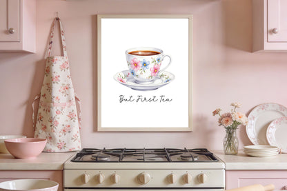 But First Tea Print white floral cup Watercolour Kitchen Wall Art (Unframed)