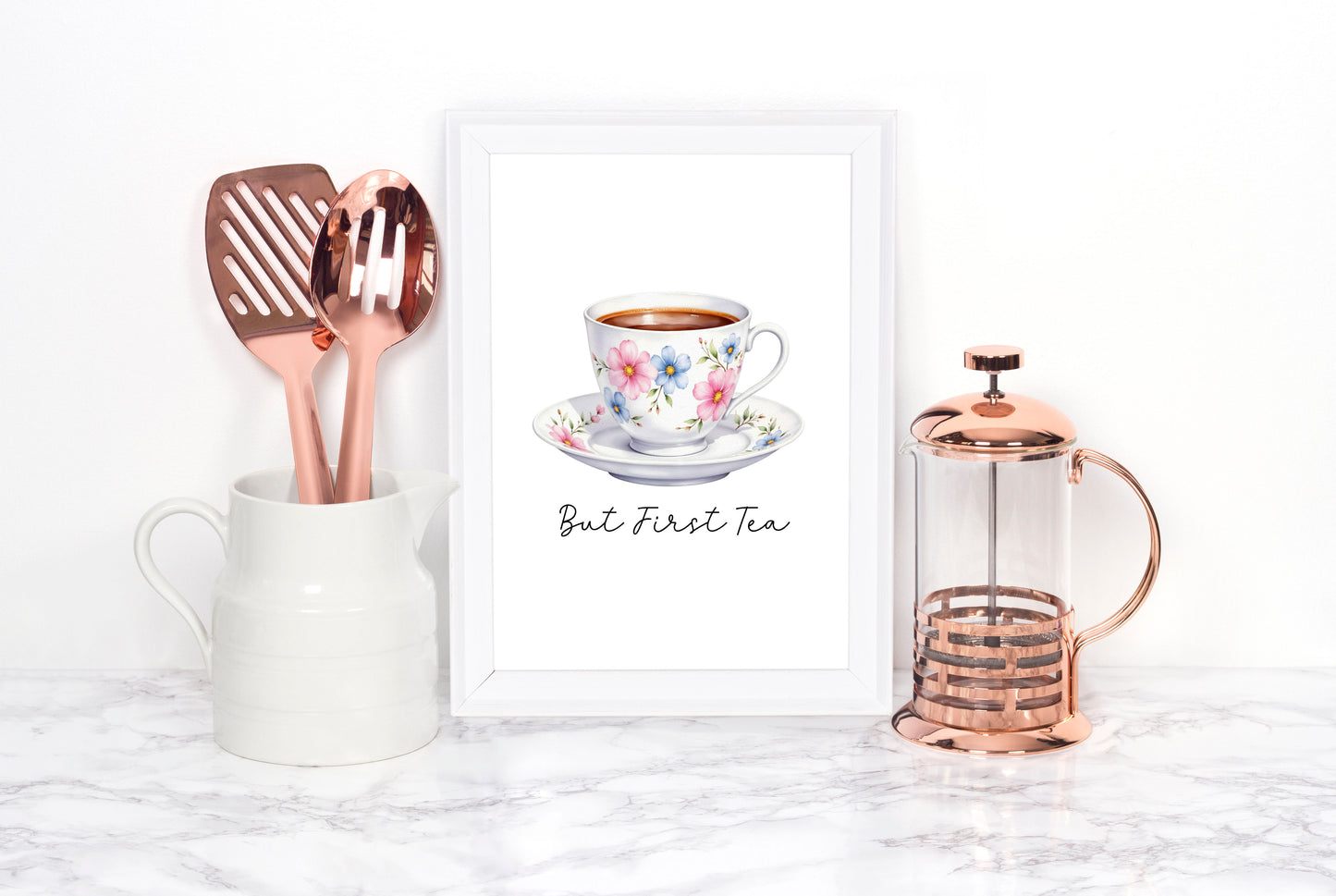 But First Tea Print white floral cup Watercolour Kitchen Wall Art (Unframed)
