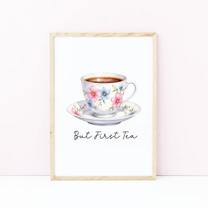 But First Tea Print white floral cup Watercolour Kitchen Wall Art (Unframed)