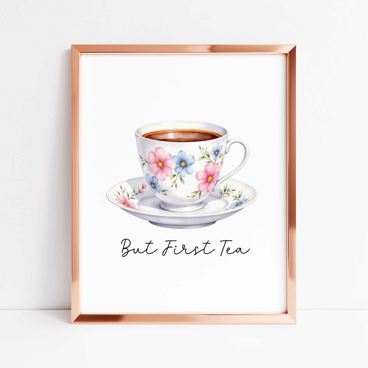 But First Tea Print white floral cup Watercolour Kitchen Wall Art (Unframed)