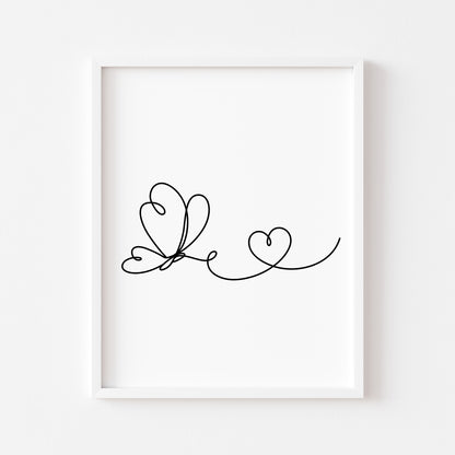Butterfly heart line drawing Print Bedroom Poster unframed wall art
