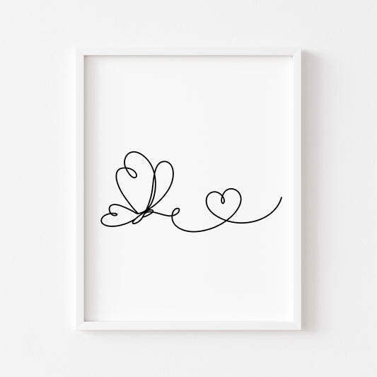 Butterfly heart line drawing Print Bedroom Poster unframed wall art