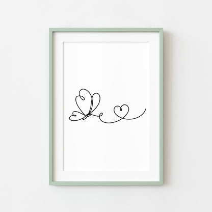 Butterfly heart line drawing Print Bedroom Poster unframed wall art
