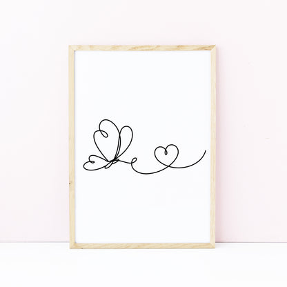 Butterfly heart line drawing Print Bedroom Poster unframed wall art