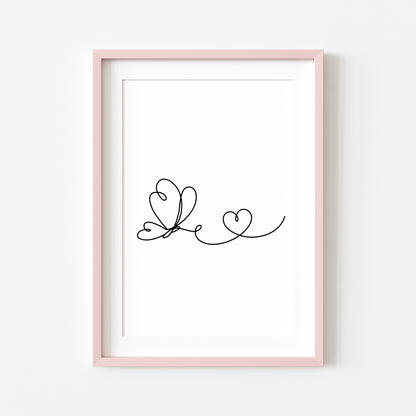 Butterfly heart line drawing Print Bedroom Poster unframed wall art