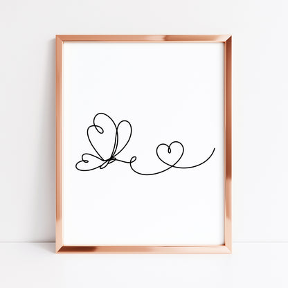 Butterfly heart line drawing Print Bedroom Poster unframed wall art