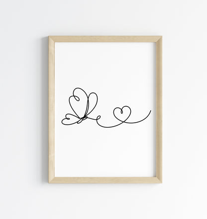 Butterfly heart line drawing Print Bedroom Poster unframed wall art