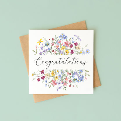 Floral Congratulations Card Wildflower Butterfly Dragonfly Greeting Card