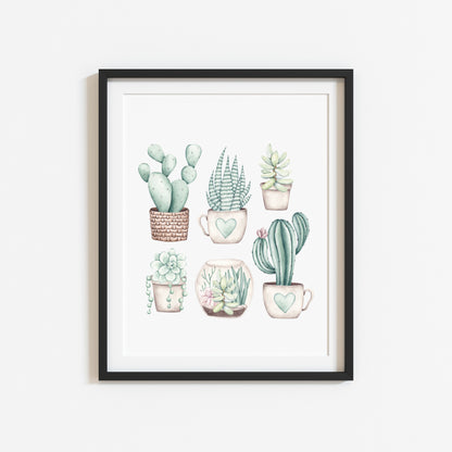 Plant illustration, cactus cacti succulents watercolour muted plant unframed wall art poster print, home prints, plant decor, plant wall art