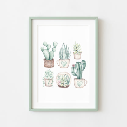 Plant illustration, cactus cacti succulents watercolour muted plant unframed wall art poster print, home prints, plant decor, plant wall art
