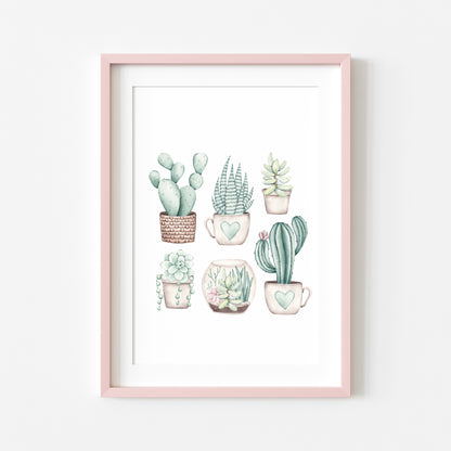 Plant illustration, cactus cacti succulents watercolour muted plant unframed wall art poster print, home prints, plant decor, plant wall art