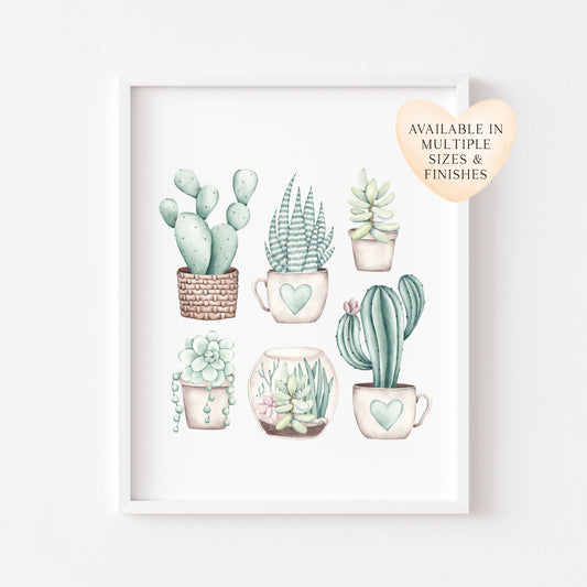 Plant illustration, cactus cacti succulents watercolour muted plant unframed wall art poster print, home prints, plant decor, plant wall art