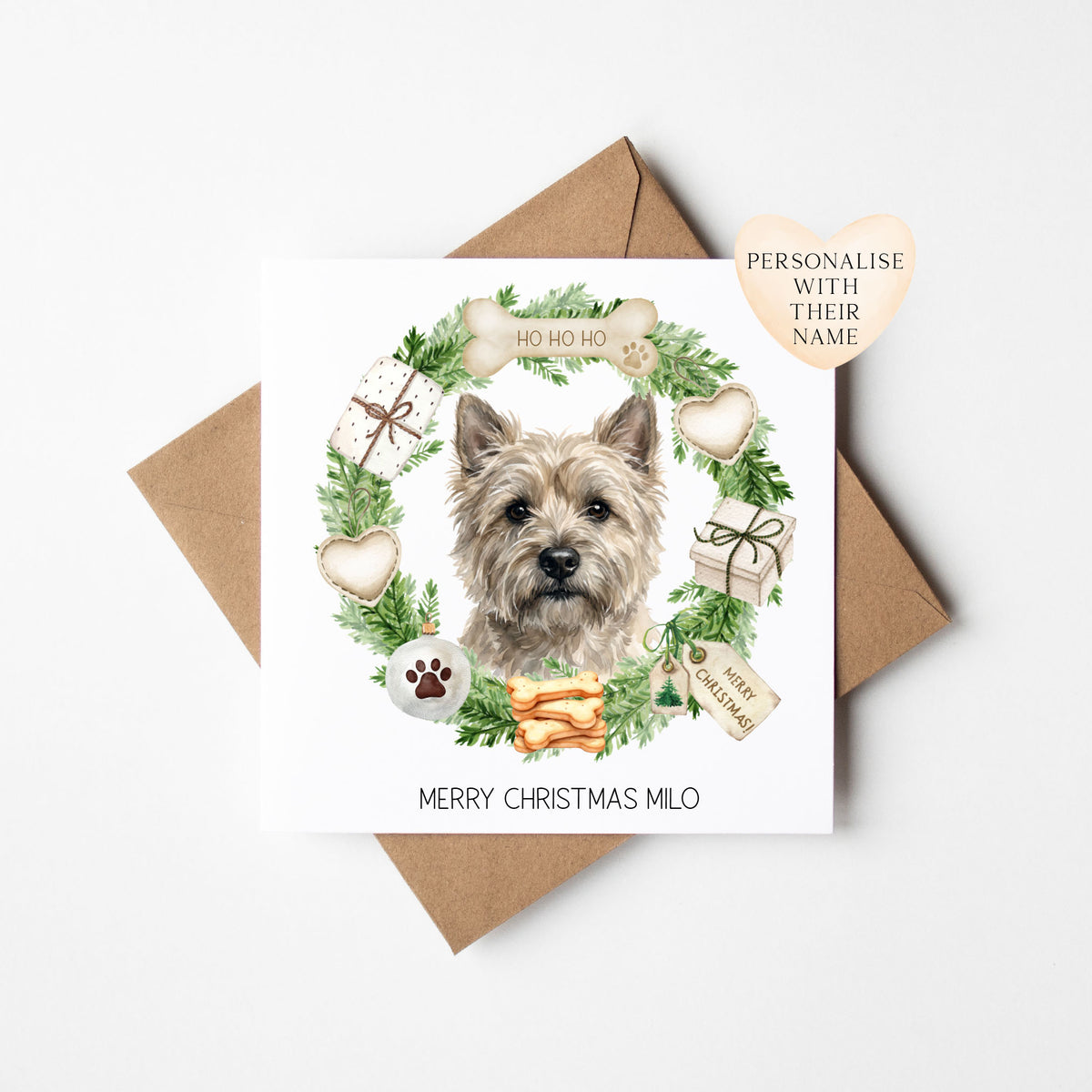 Personalised Dog Christmas card, Cairn Terrier custom pet name xmas card