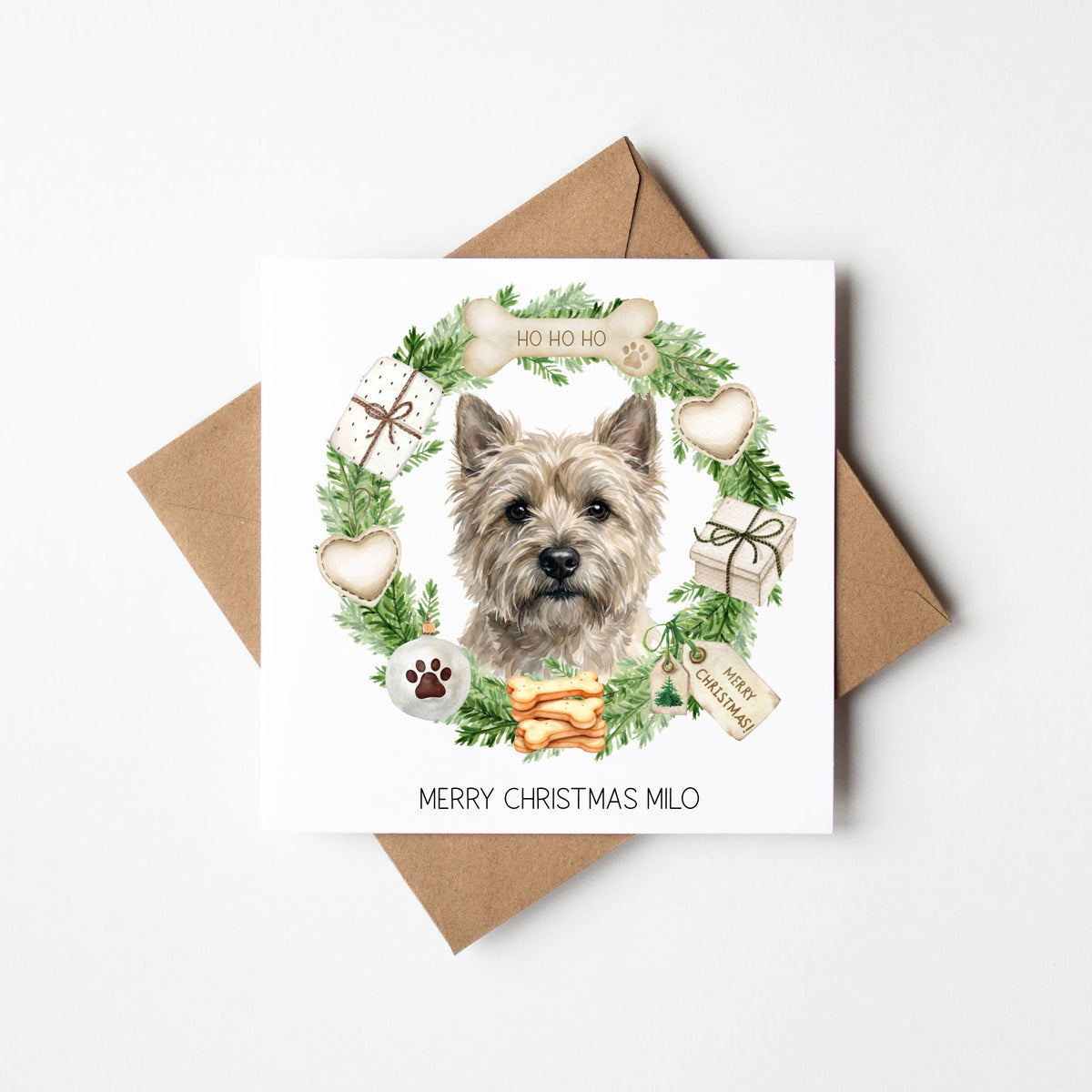 Personalised Dog Christmas card, Cairn Terrier custom pet name xmas card