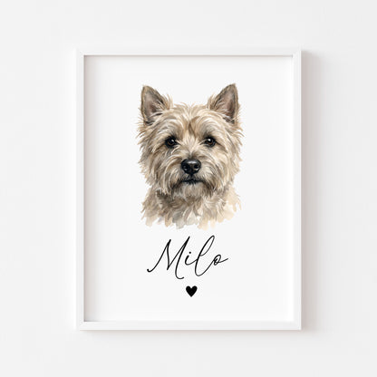 Personalised Cairn Terrier Dog Print Custom Name Pet portrait watercolour unframed wall art