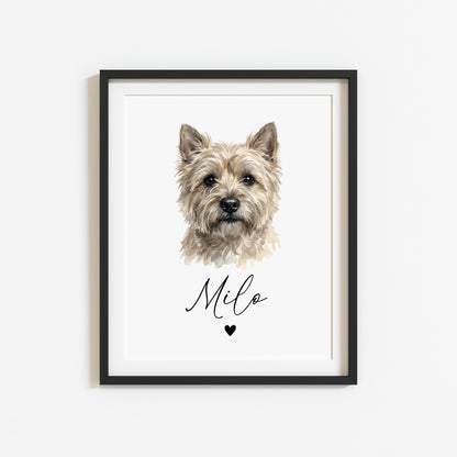 Personalised Cairn Terrier Dog Print Custom Name Pet portrait watercolour unframed wall art