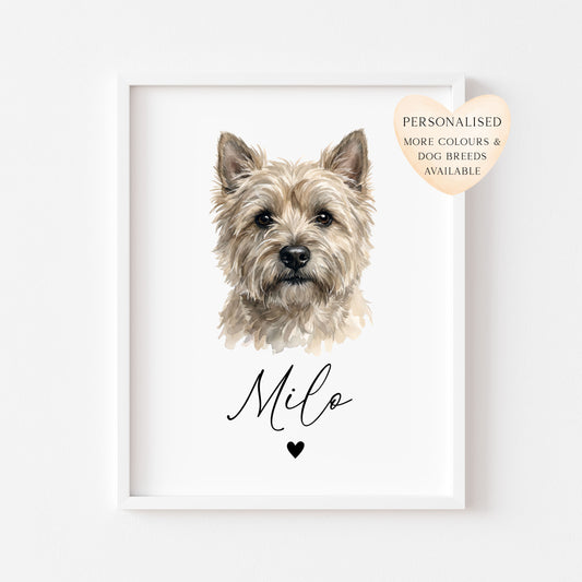 Personalised Cairn Terrier Dog Print Custom Name Pet portrait watercolour unframed wall art