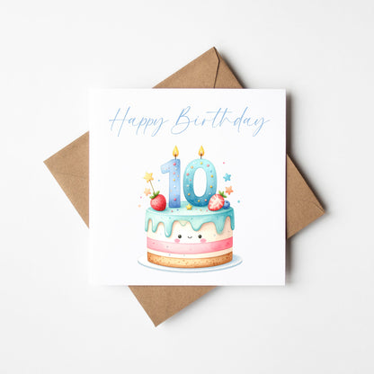 10th Birthday Card Blue Pink Yellow Cake Number 10 with Envelope