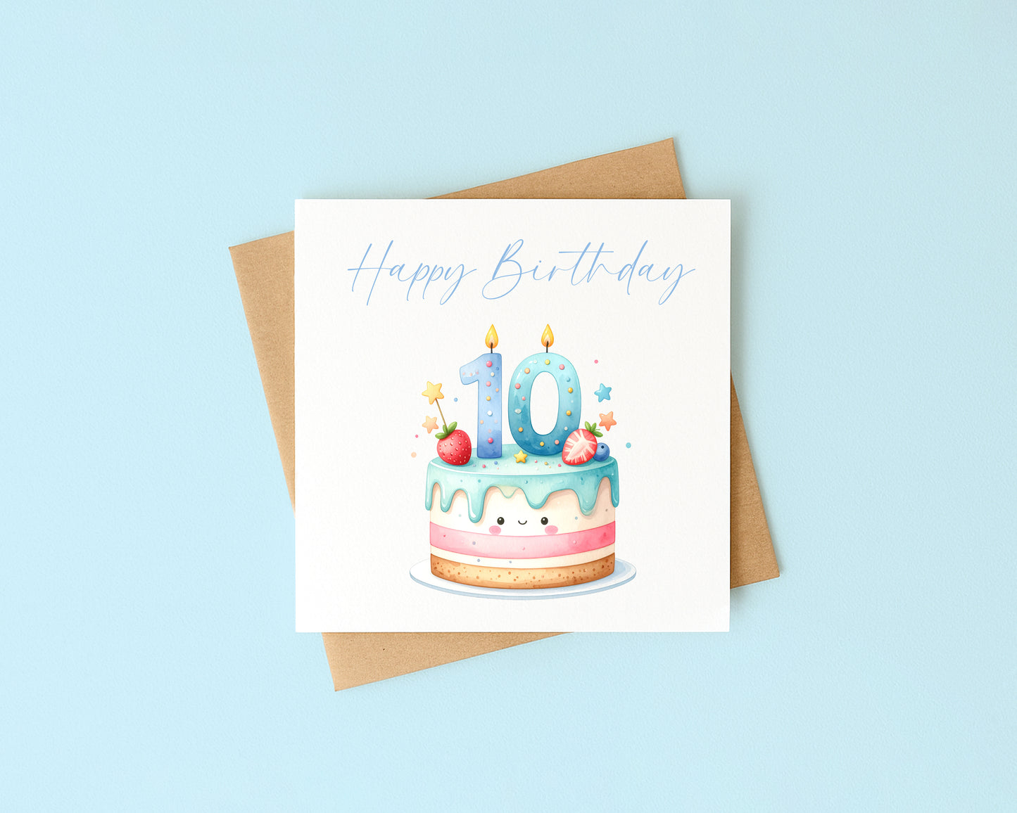 10th Birthday Card Blue Pink Yellow Cake Number 10 with Envelope