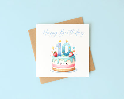 10th Birthday Card Blue Pink Yellow Cake Number 10 with Envelope