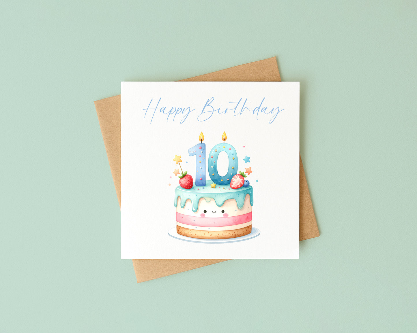 10th Birthday Card Blue Pink Yellow Cake Number 10 with Envelope